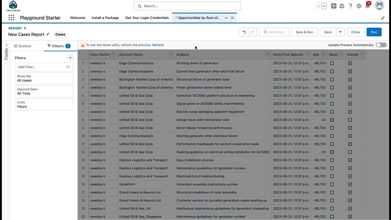 Create a report to show cases
