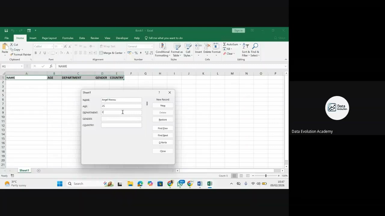 DATA ENTRY IN EXCEL