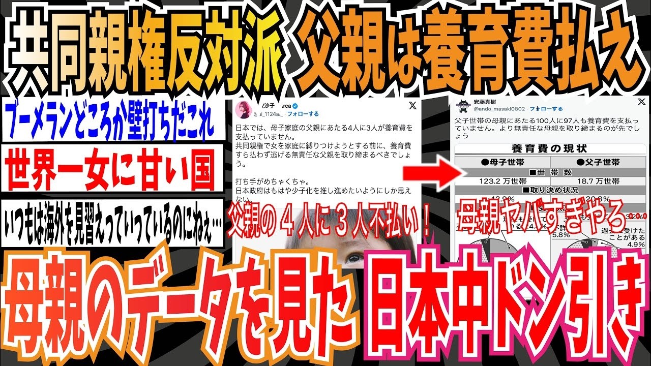 共同親権反対派さん「日本では母子家庭の父親の4人に3人が養育費を支払ってない！」➡︎母親のもっと払ってないデータに日本中がドン引きwww【ゆっくり 時事ネタ ニュース】