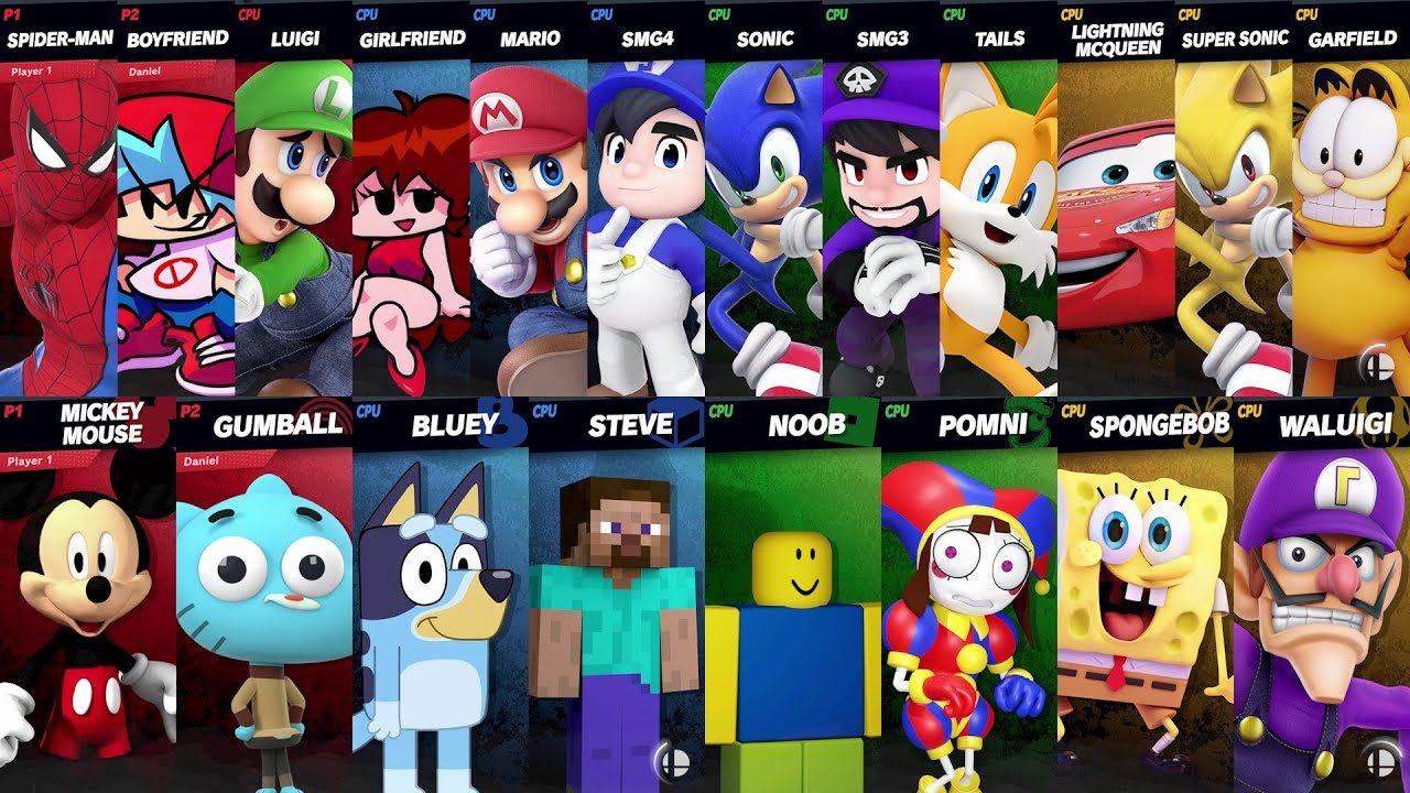 Sonic vs Mario vs Spider-Man vs Bluey vs SpongeBob vs Roblox vs Minecraft vs Car | Super Smash Bros