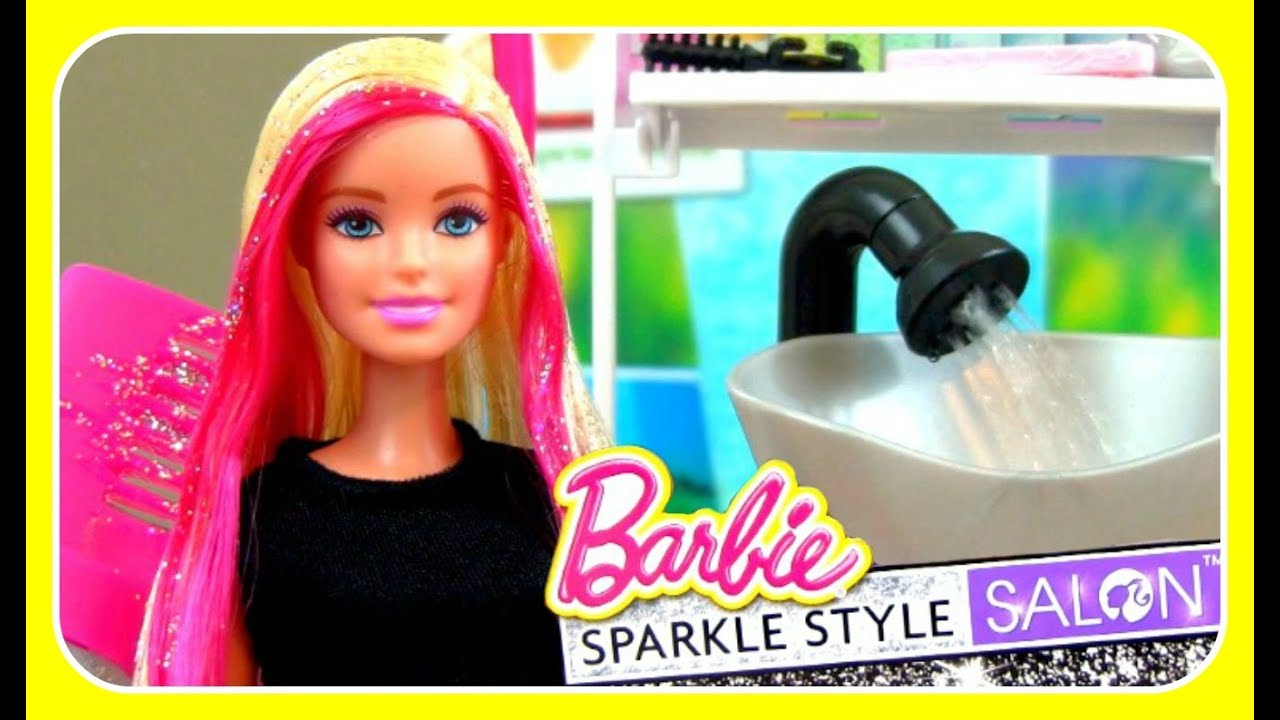 BARBIE Sparkle Style Salon!  Comb On Glitter & REAL WORKING SINK!  Give Barbie A CUTE FUN MAKEOVER!