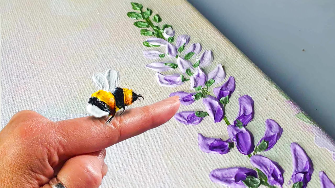🐝💜COLOURFUL + Gorgeous Acrylic Paint Flowers & Cute Bee! UNIQUE Lilac/Purple Technique | AB Creative