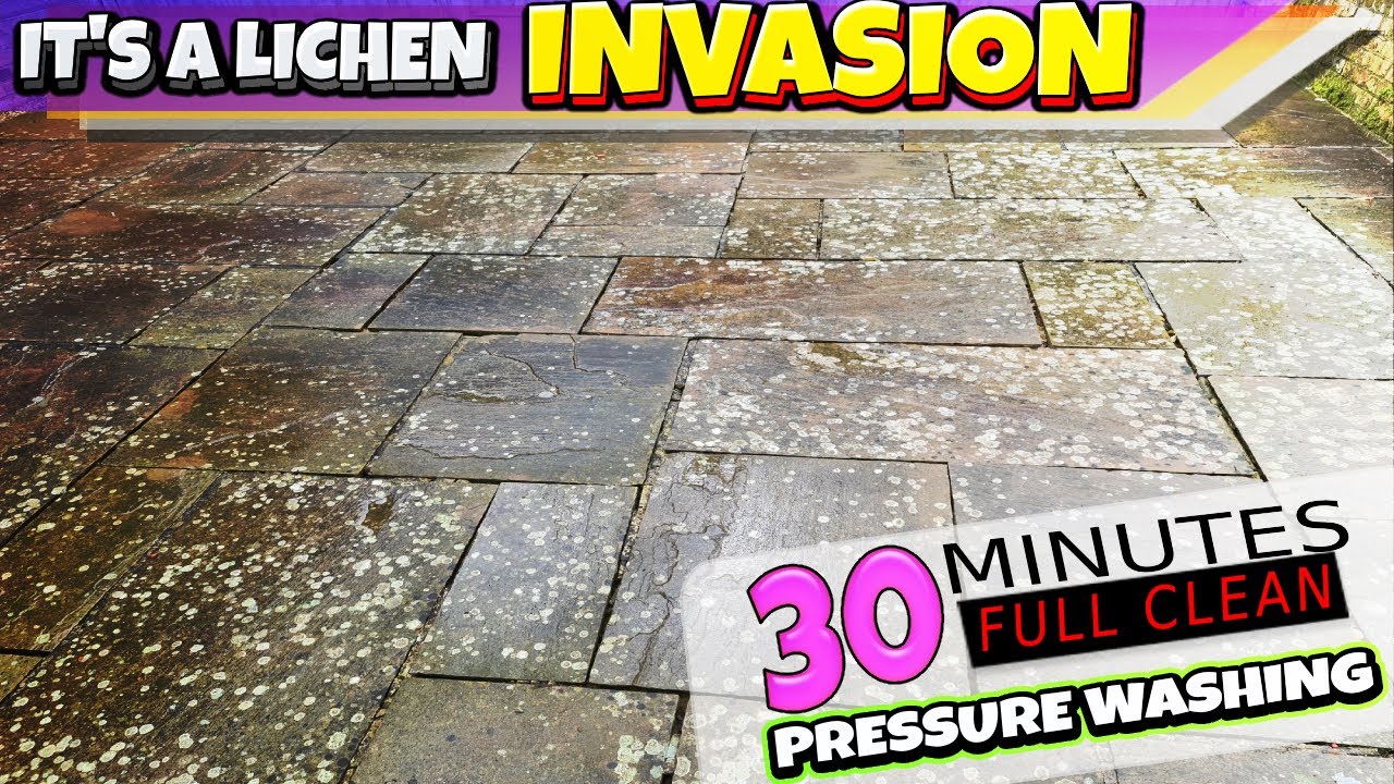 Pressure Washing a Lichen Infested Patio - 20 Years of Grime and Fungus Power Washed Away.