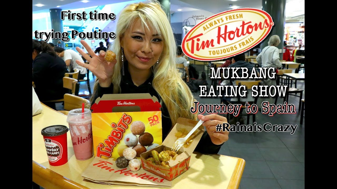 Tim Hortons MUKBANG Eating Show | Journey to Spain | 6Hr Layover @ Vancouver Airport | RainaisCrazy