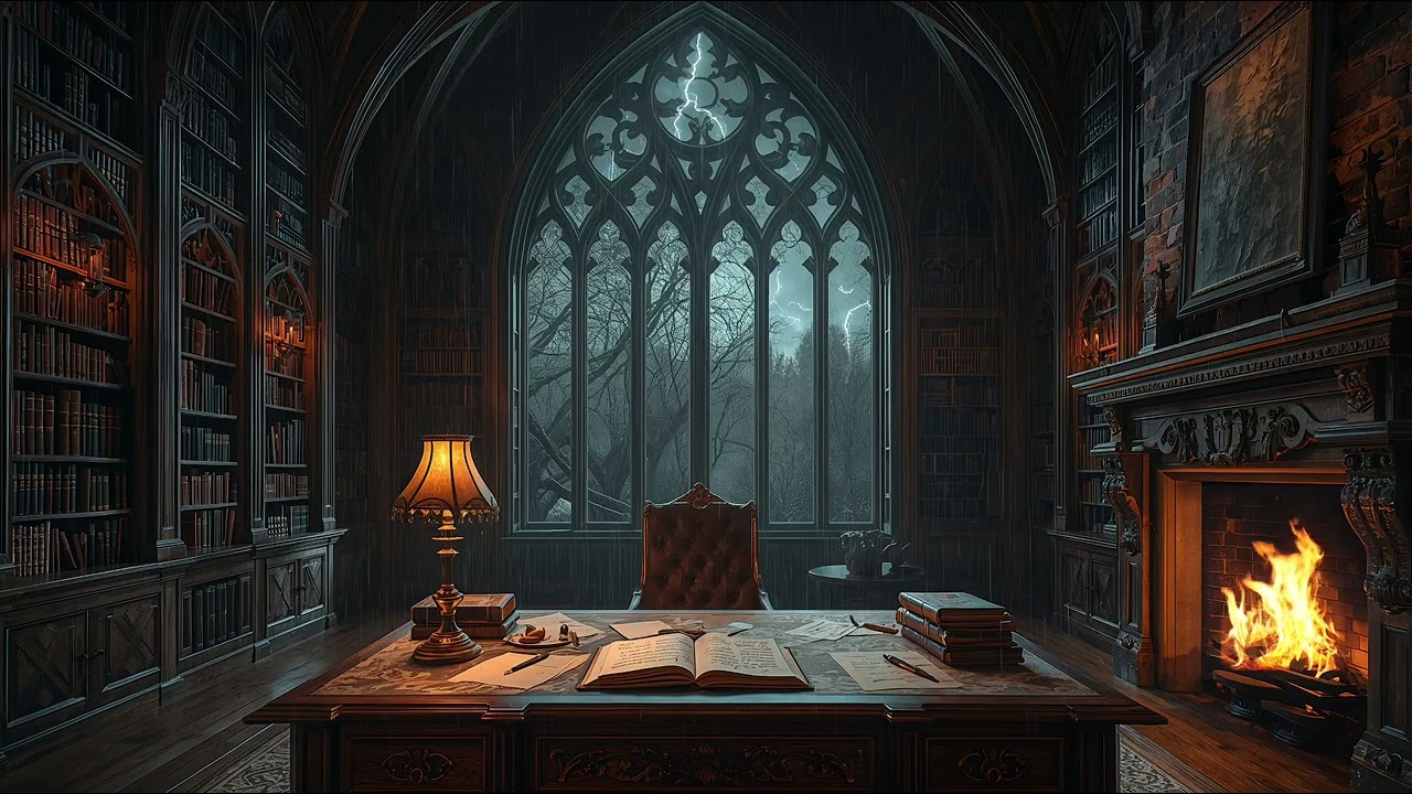 Cozy Gothic Library Ambience | Thunderstorm, Rain & Fireplace Sounds |Dark Academia Atmosphere