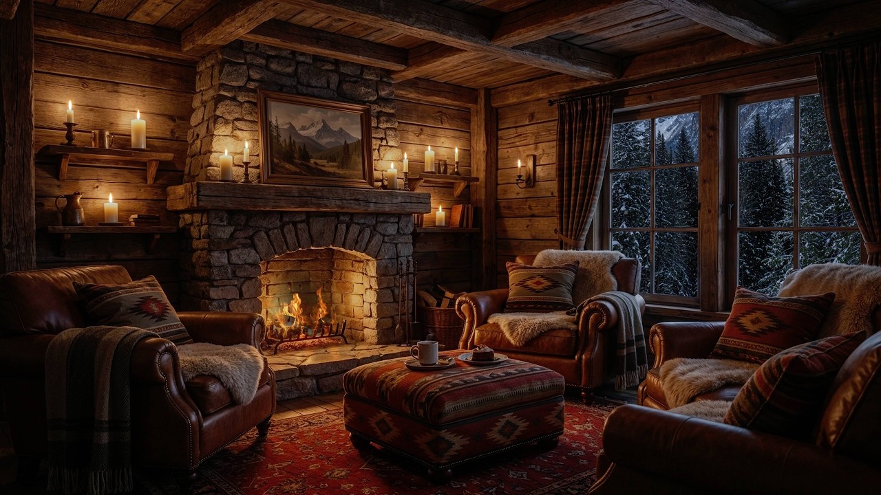 Cozy Winter Lodge Fireplace | Snowfall & Calm Forest Ambience