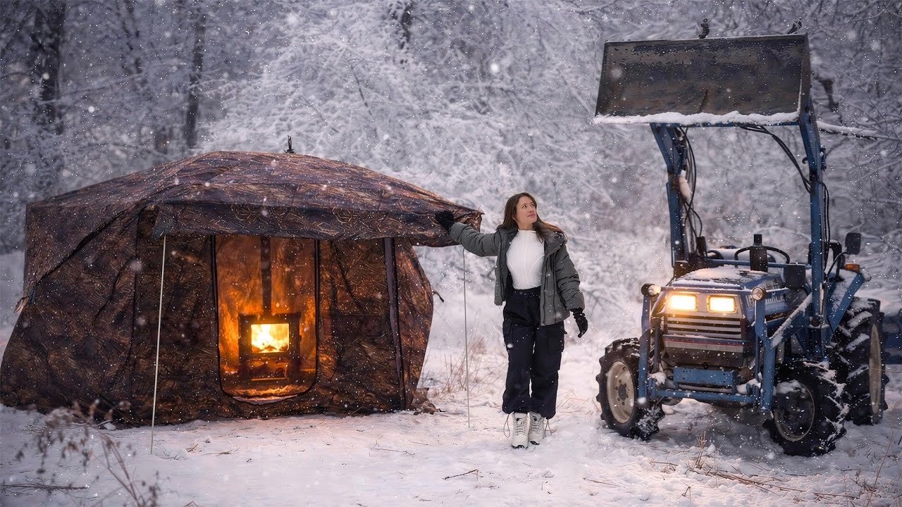 Camping in Snow with Hot Tent and Stove | Tractor Drift Fun