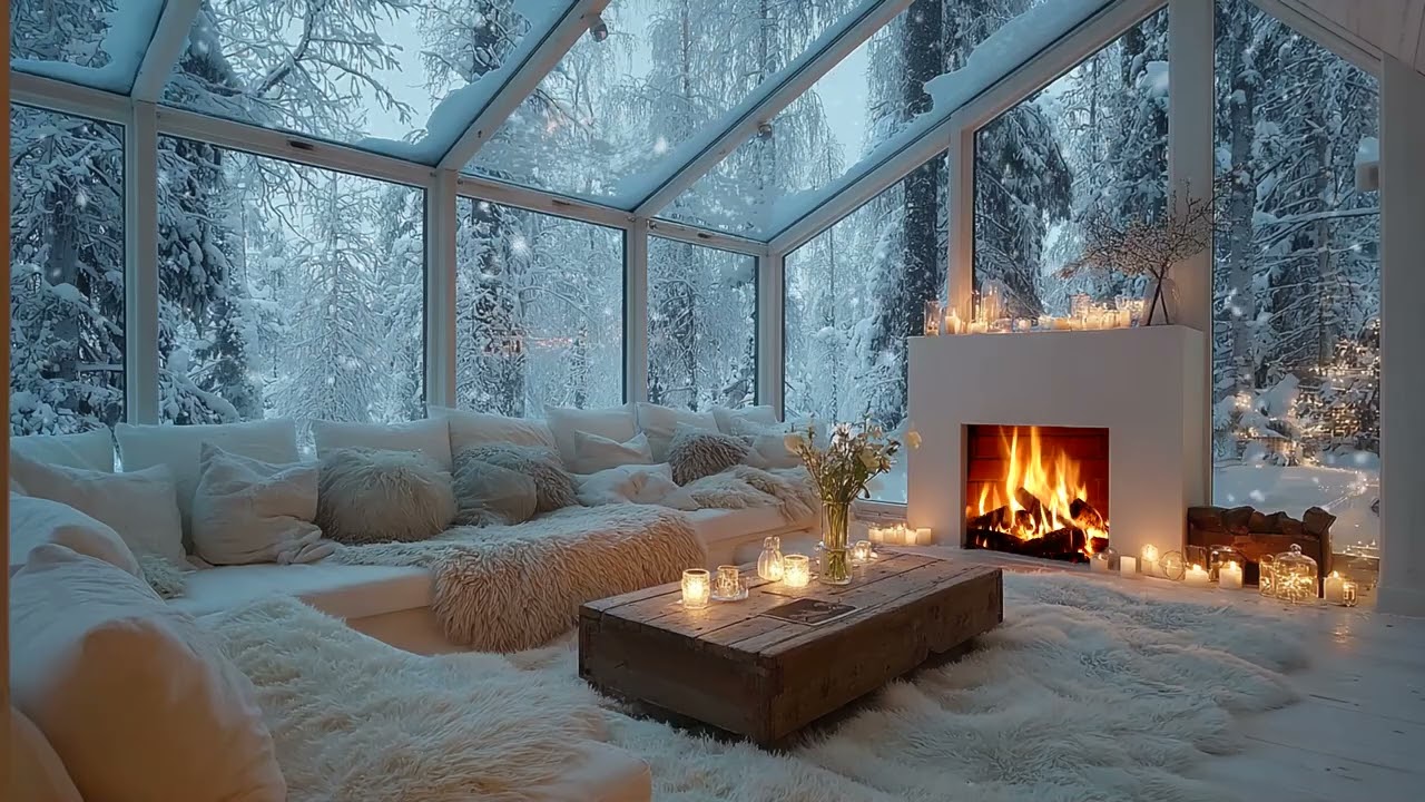 🌺🎶 Cozy White Winter Piano Ambience with Soft Firelight for 3 Hours of Peaceful Relaxation