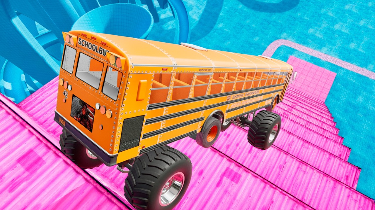 BeamNG Drive Crash Test &ndash; USA School Bus Stairs Jumps Down Full Speed Impact