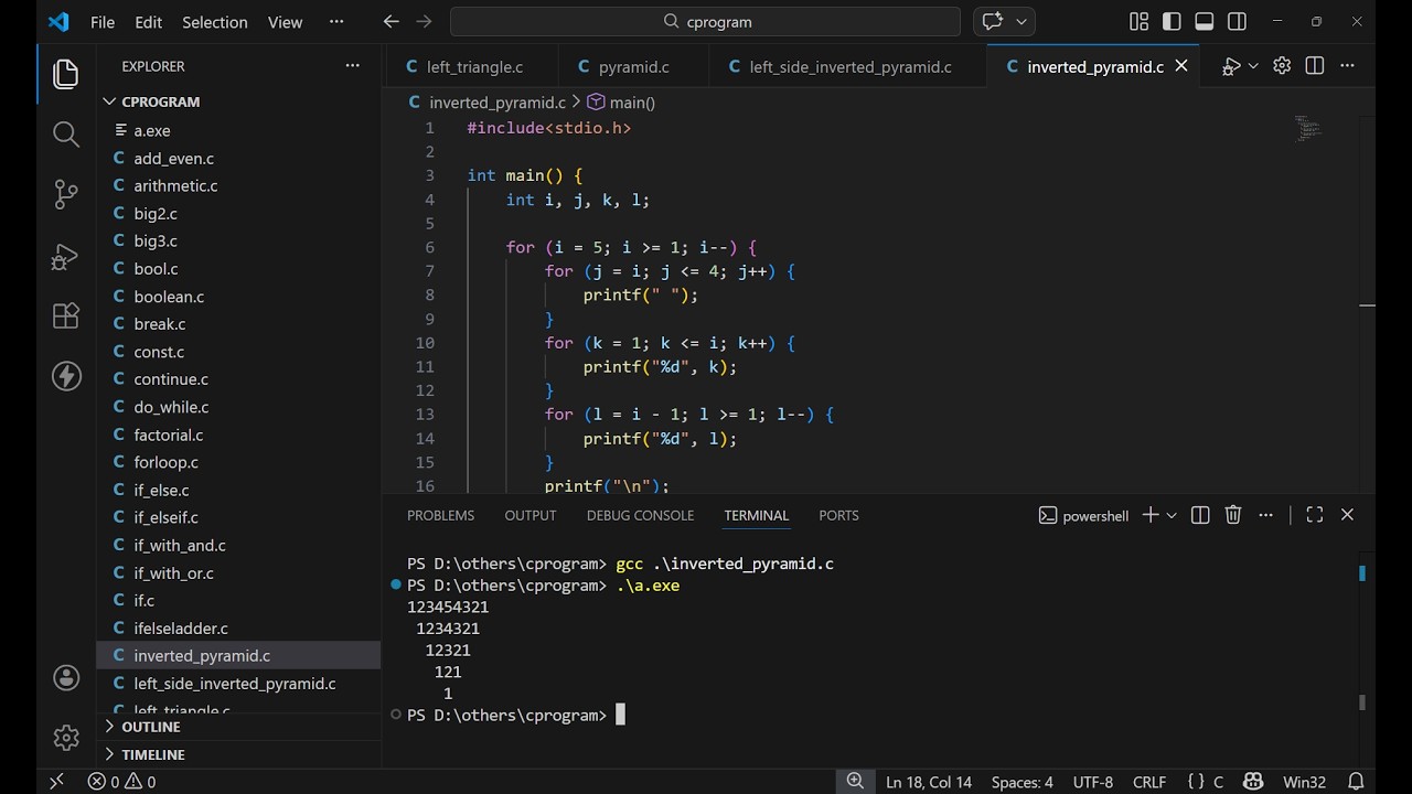 Printing inverted pyramid with numbers using nested for loop in C program