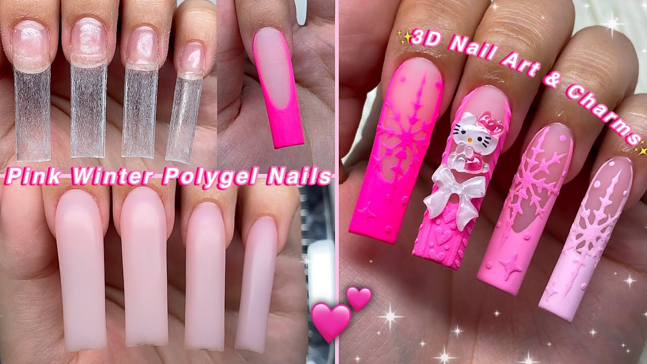 PINK WINTER POLYGEL NAILS💕 EASY POLYGEL APPLICATION & 3D NAIL ART CHARMS DESIGN! | Nail Tutorial