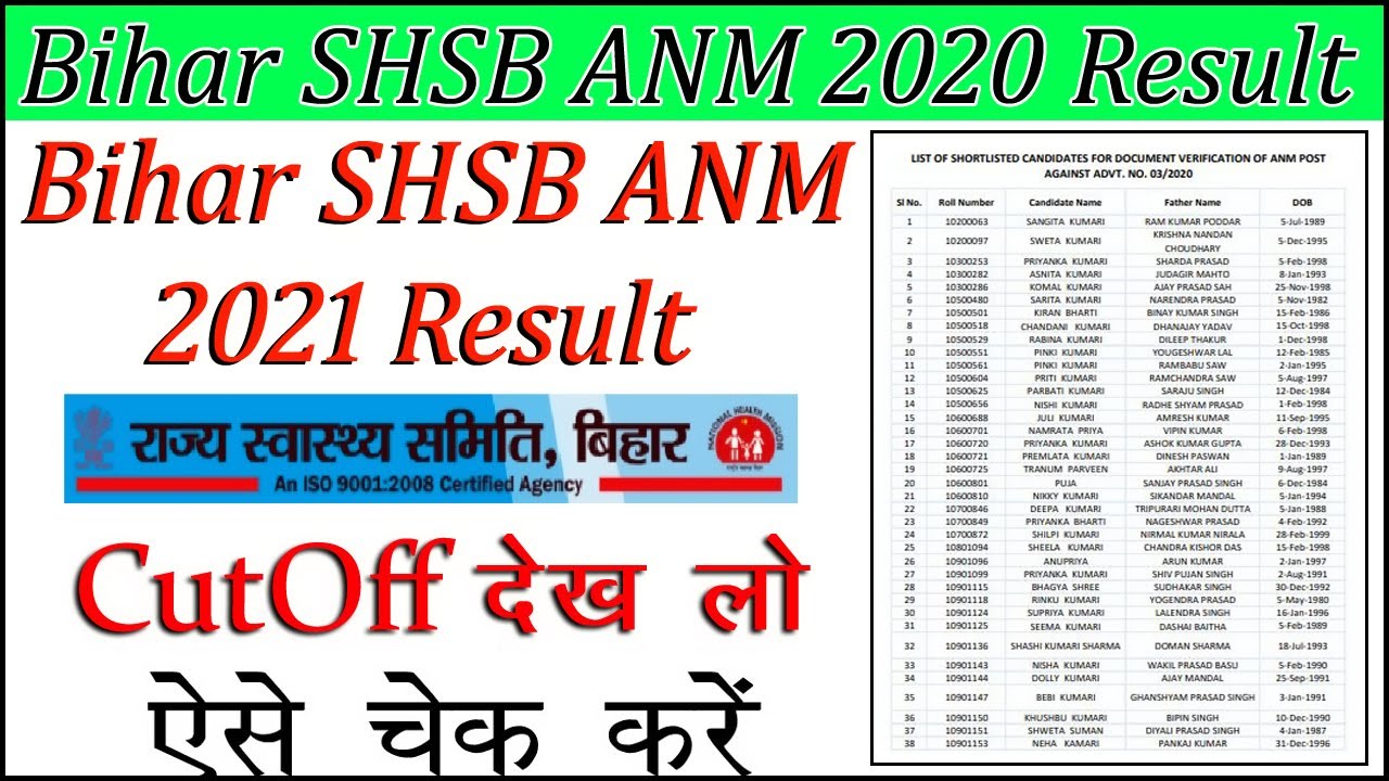 Bihar SHSB ANM Result 2021 || SHSB ANM 2020 Result Out || State Health Society Bihar ANM Result 2021