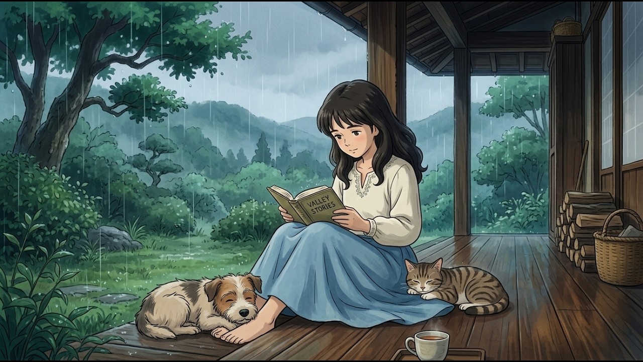 Rainy Afternoon Reading on a Wooden Porch #GhibliStyle#ASMRRain#CozyRain