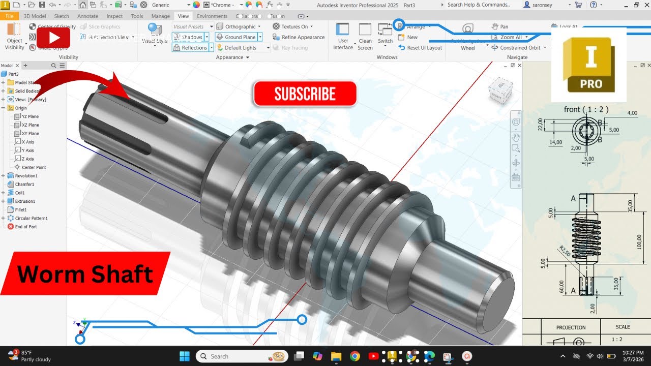 Autodesk Inventor Tutorial - How to Model a Worm Shaft Worm Gear - Step by Step