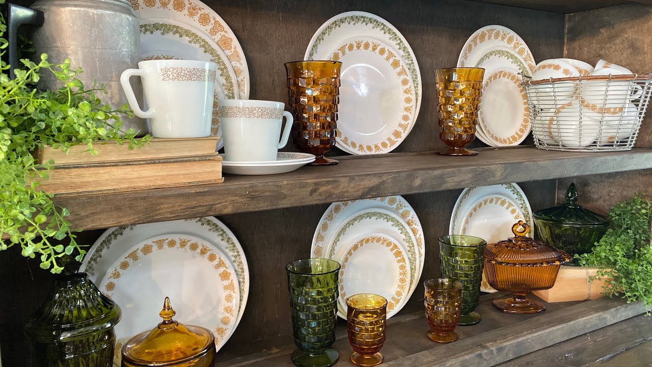 Vintage Hutch Redecorate Using 1970’s Corelle Dishes