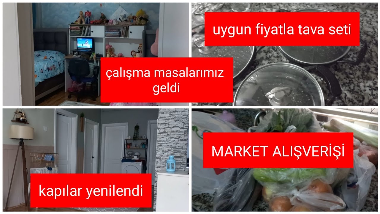KAPILARIMIZ YENİLENDİ😊MARKET ALIŞVERİŞİ💯YENİ ÇALIŞMA MASALARI💯YENİ TAVA SETİ 💯#VLOG266