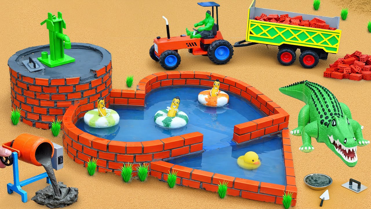 DIY RC Mini Tractor Construction &ndash; Building a Concrete Brick Swimming Pool After Crocodile Damage