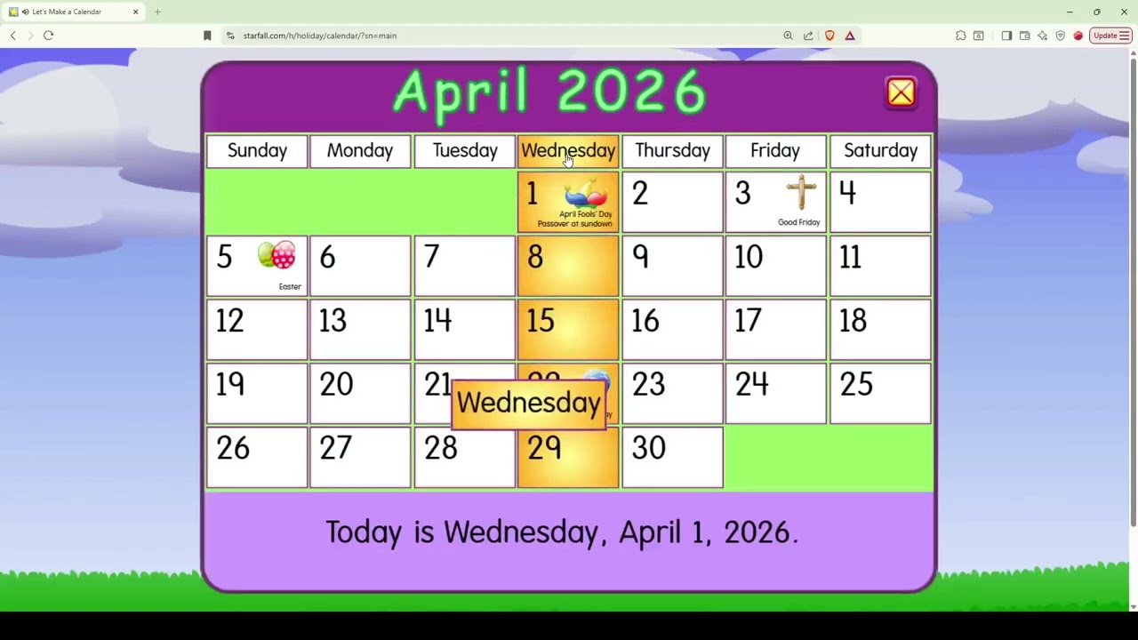 Starfall Daily Calendar - April 1, 2026 (First Day of April)