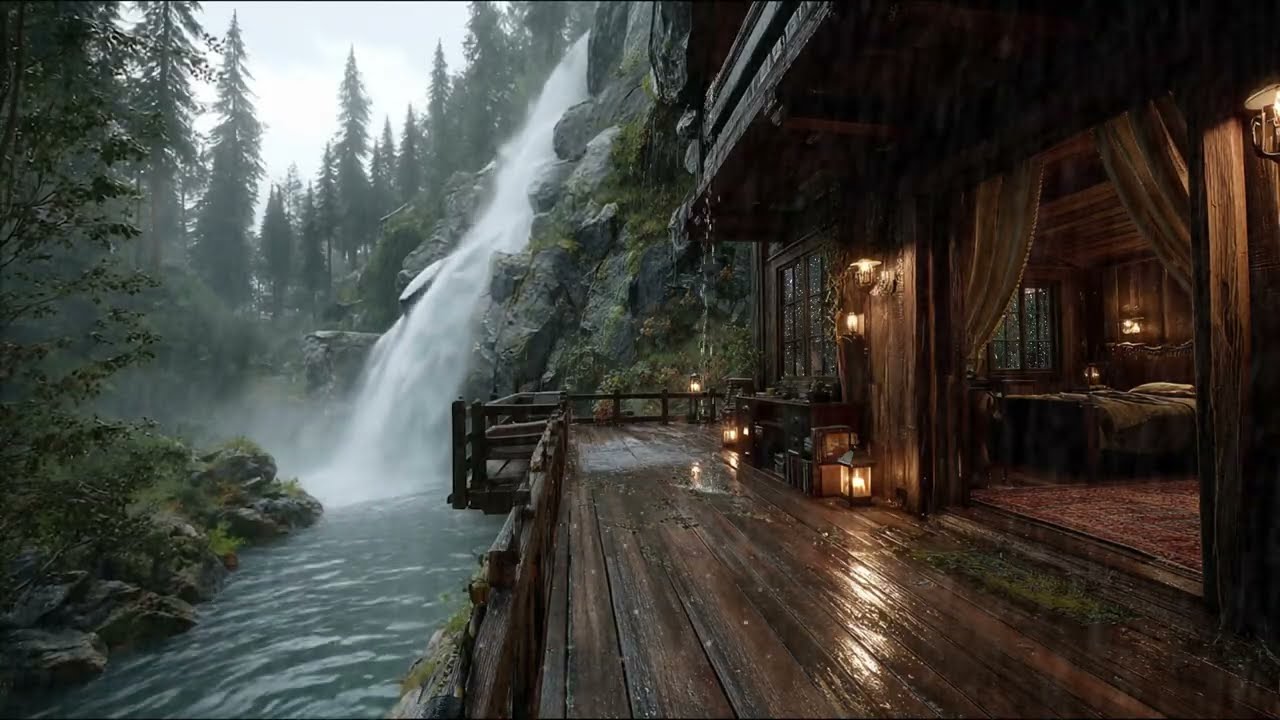 Healing Rainfall with Gentle Waterfall Beside Wooden Bedroom | Cozy Balcony Night Ambience