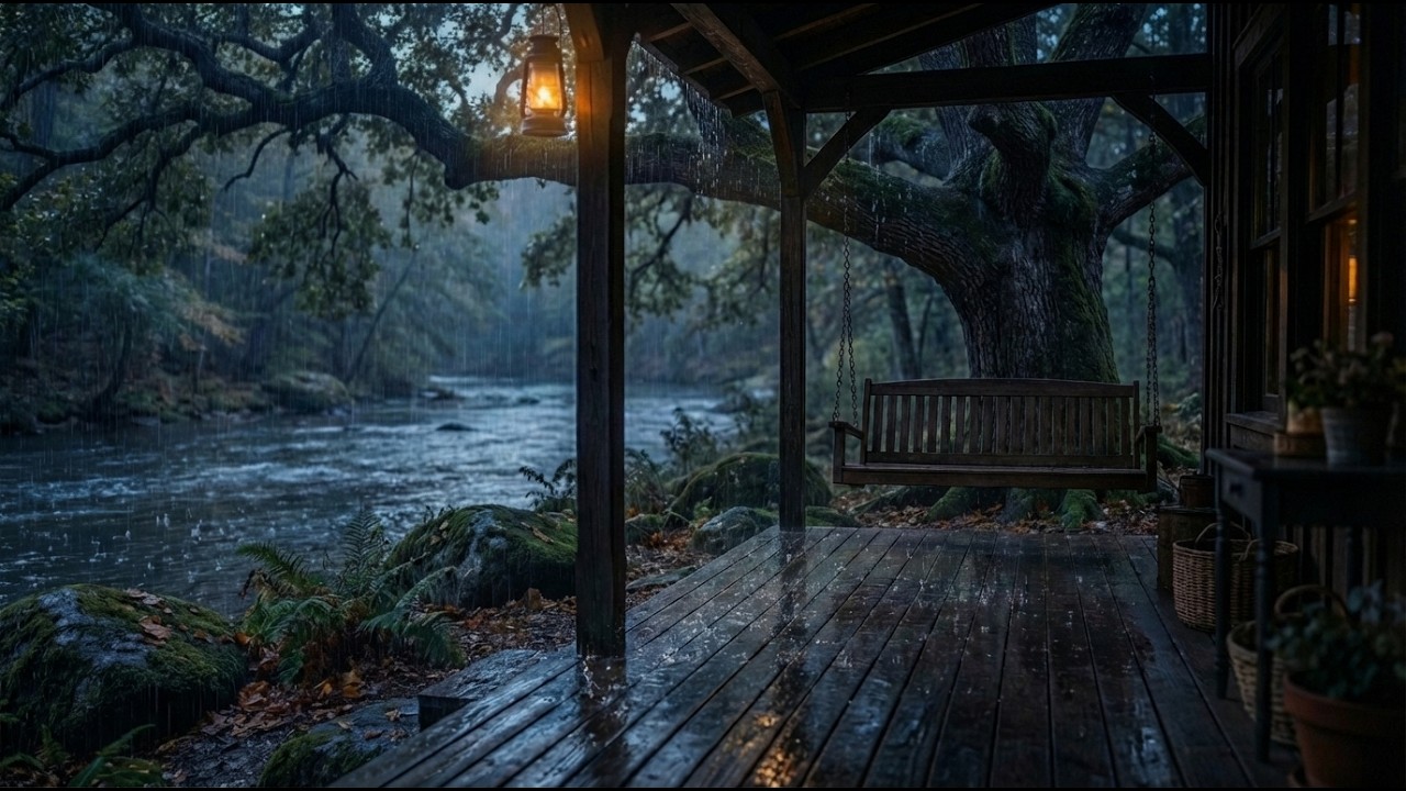 8 Hours Cozy Rain on a River Cabin Porch (Deep Sleep ASMR)