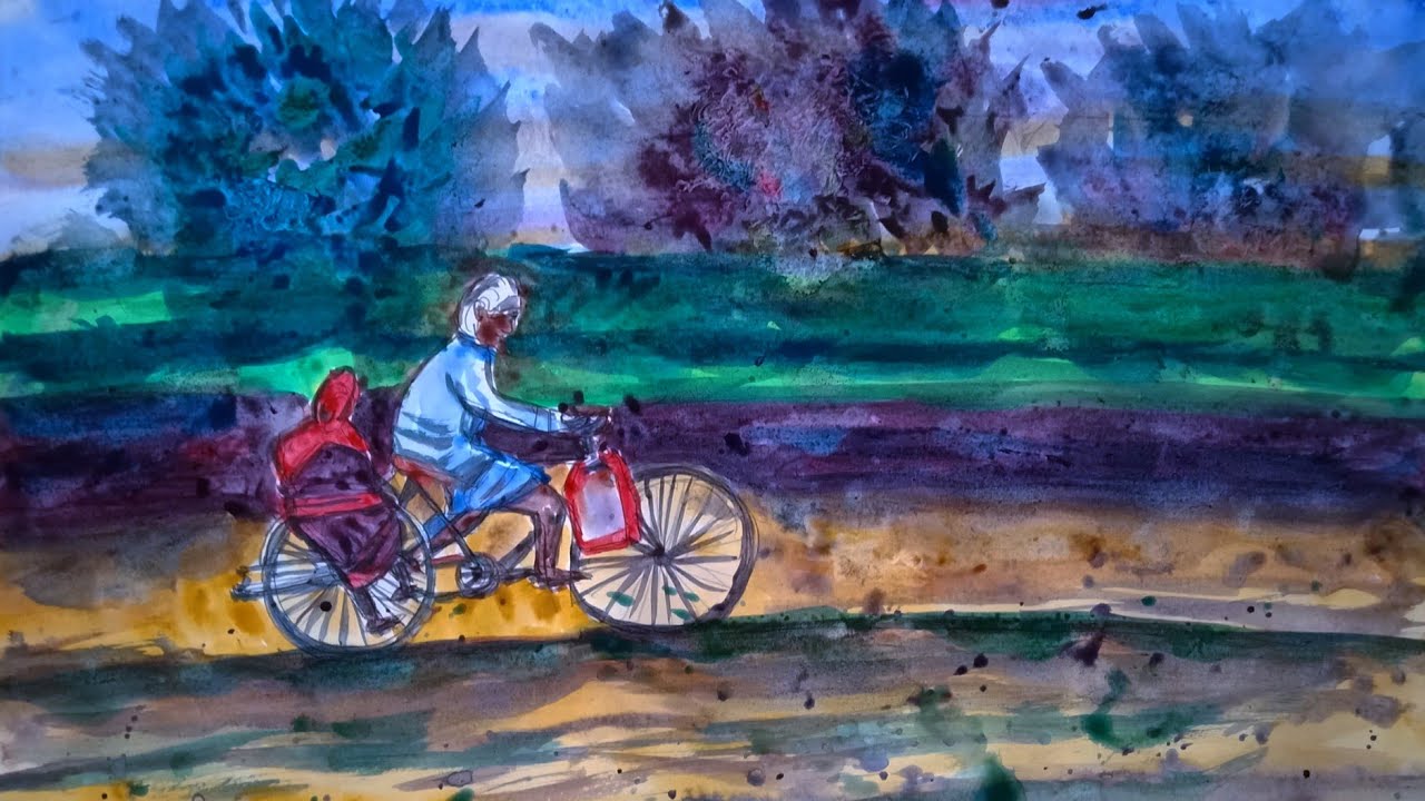 Watercolor beautiful village couples with bicycle by padmashali Art's