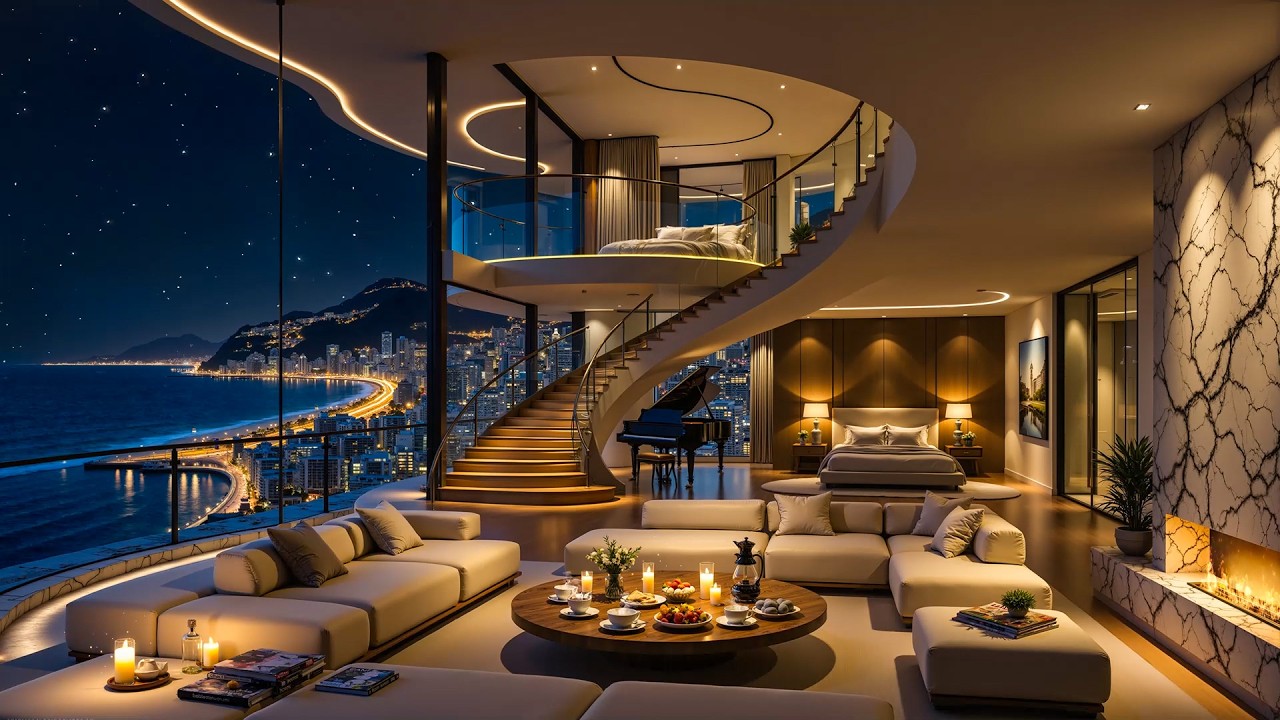 Relaxing with Jazz Music by the Ocean 🌊 Calm Piano Jazz & Wave Sounds in a Luxury Apartment Ambience