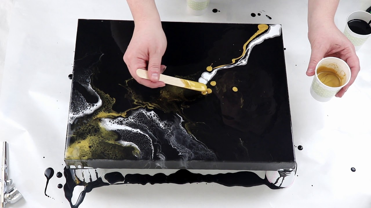(430) Black, Gold and White Negative Space Airbrushed Acrylic Pour! Fluid Art Technique