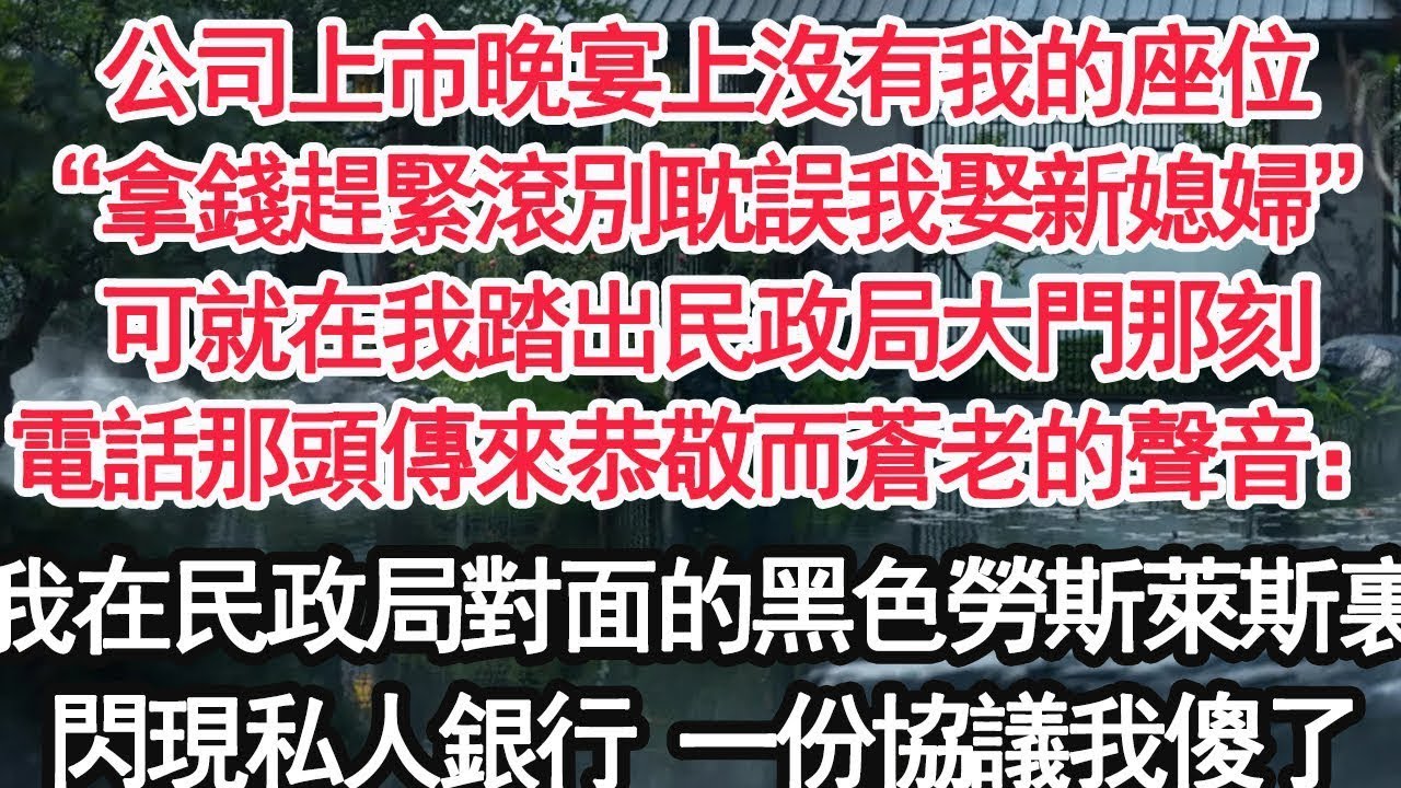 公司上市晚宴上沒有我的座位“拿錢趕緊滾別耽誤我娶新媳婦”可就在我踏出民政局大門那刻，電話那頭傳來恭敬而蒼老的聲音：我在民政局對面的黑色勞斯萊斯裏，閃現私人銀行 一份協議我傻了【亞男】【大女主】