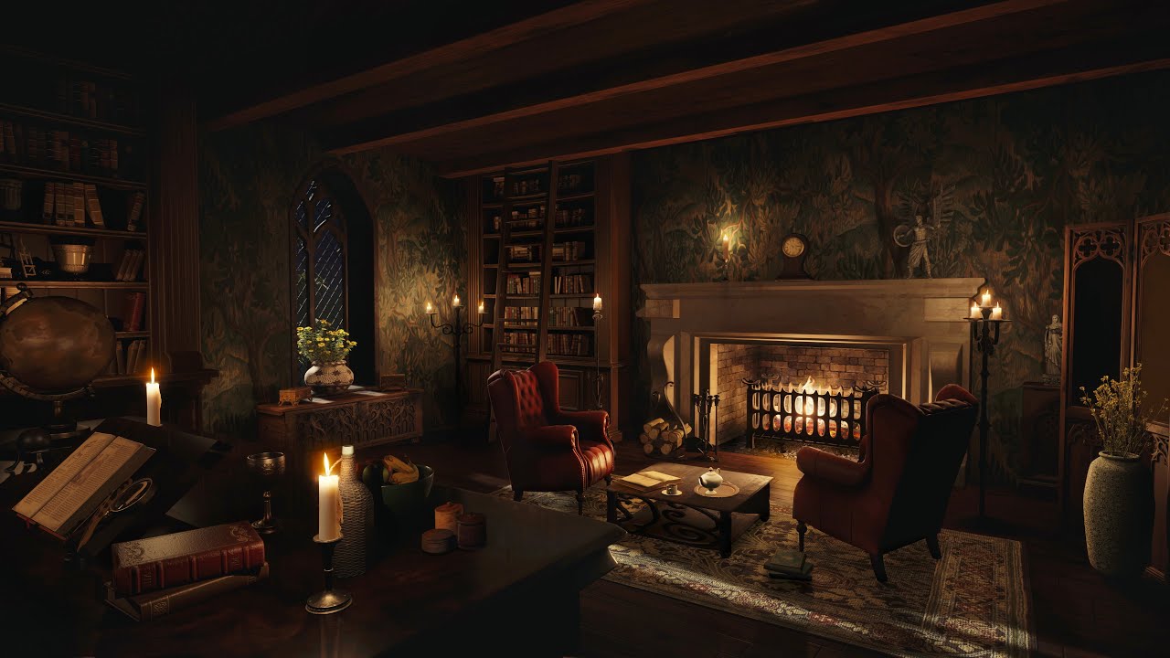 Victorian Study - Crackling Fire and Wind Sounds for Sleep, Study 🙌🔥