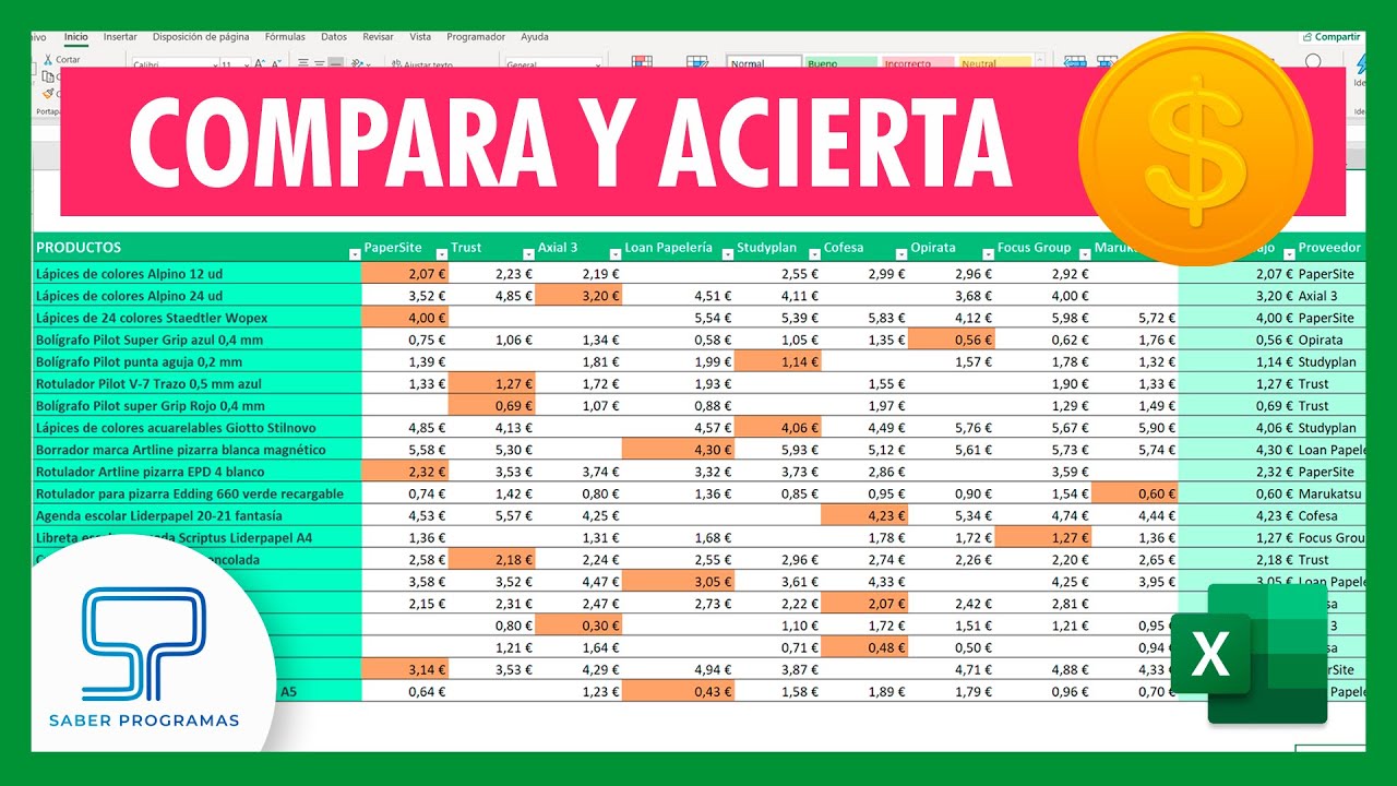 Encuentra el PRECIO M&Aacute;S BAJO entre tus PROVEEDORES en Excel