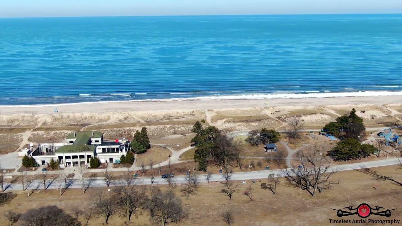 Flying Over Marquette Park in Gary Indiana Checking Shelf Ice 4K Drone Footage