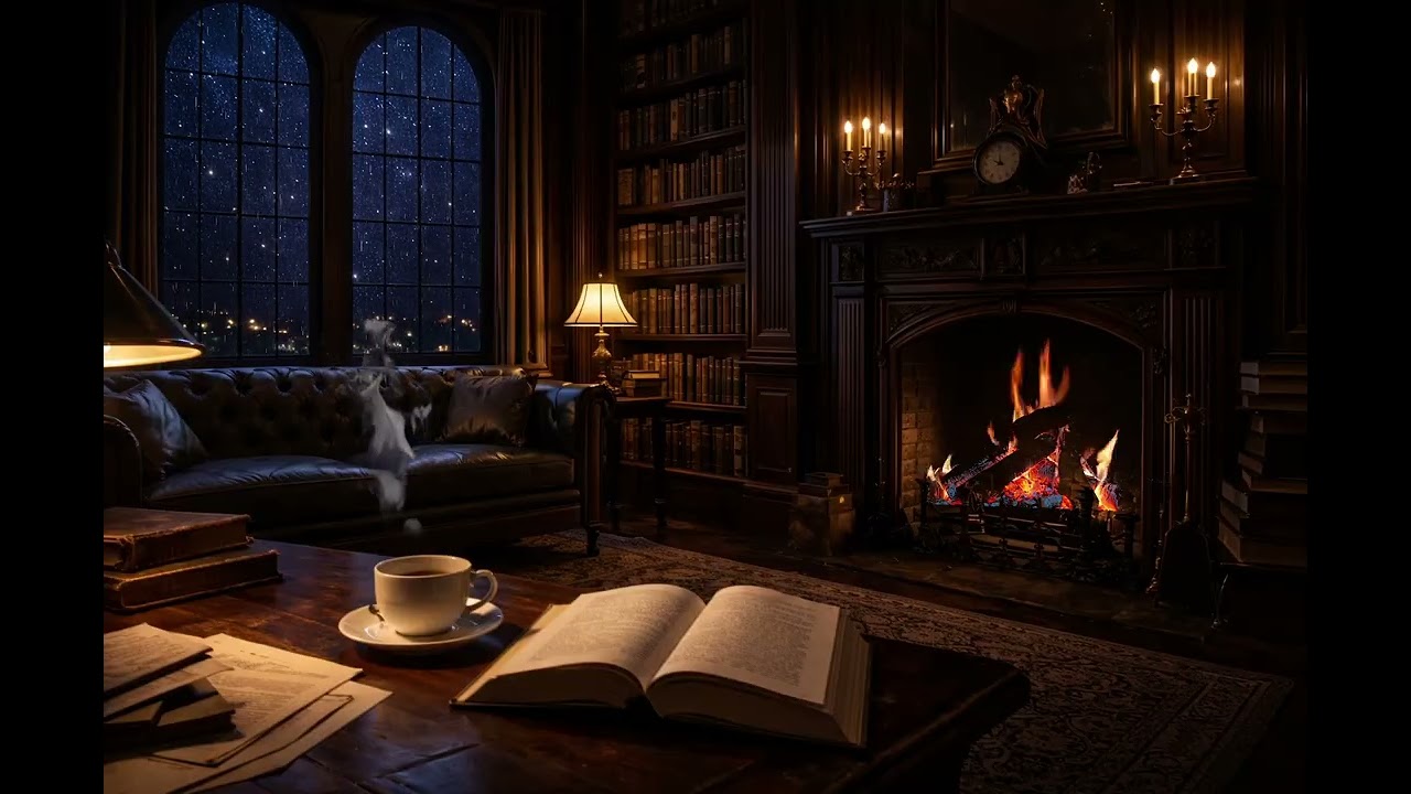 2 Hours Cozy Library Ambience 📖 Fireplace & Night Study Sounds | Dark Academia Atmosphere