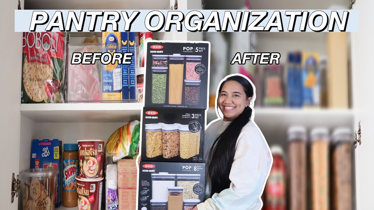 organizing my pantry // pantry makeover before and after + oxo pop container set unboxing