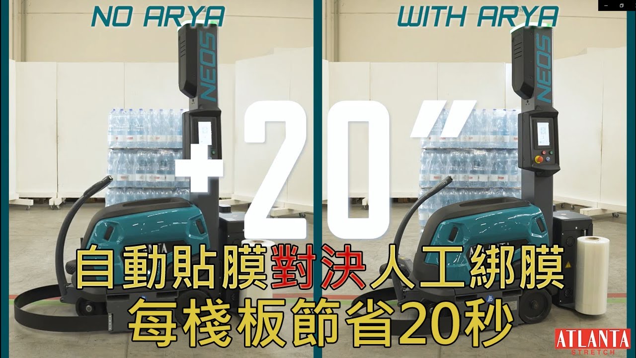 全自動自走式裹膜機 V.S. 半自動自走式裹膜機-ATLANTA Neos with ARYA – 自動吹氣貼膜裝置 【移動式裹膜機】,【自走式裹膜機】,【自動裹膜機】,【自走式包膜機】,【纏繞膜機】