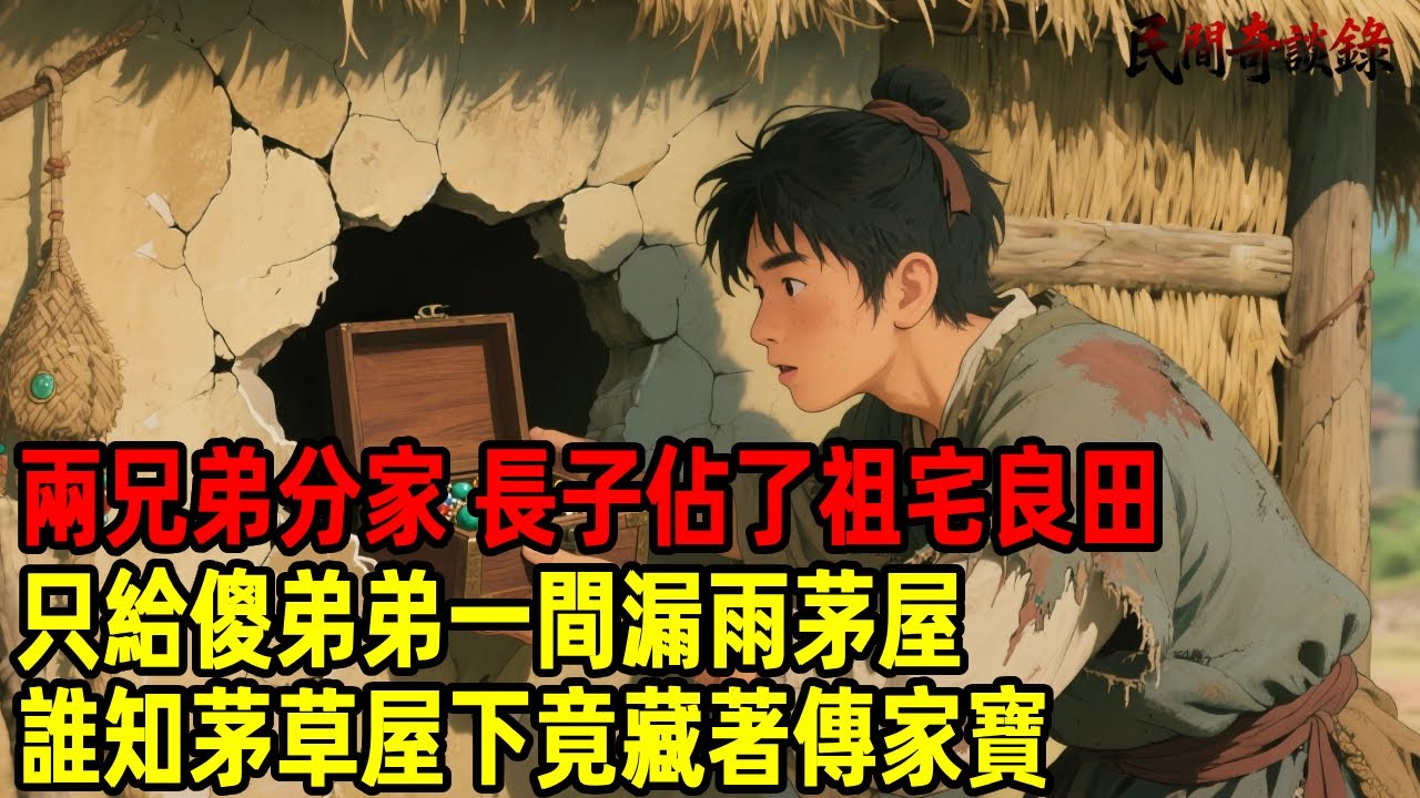 兩兄弟分家，長子佔了豪宅良田，只分給傻弟弟一間漏雨的茅草屋，誰料茅草屋裡竟藏著祖傳的寶貝，傻弟弟因此獲得大富貴！【民間奇談錄】#民間故事 #台灣傳說 #懸疑故事 #銀髮頻道 #懷舊故事 #助眠故事
