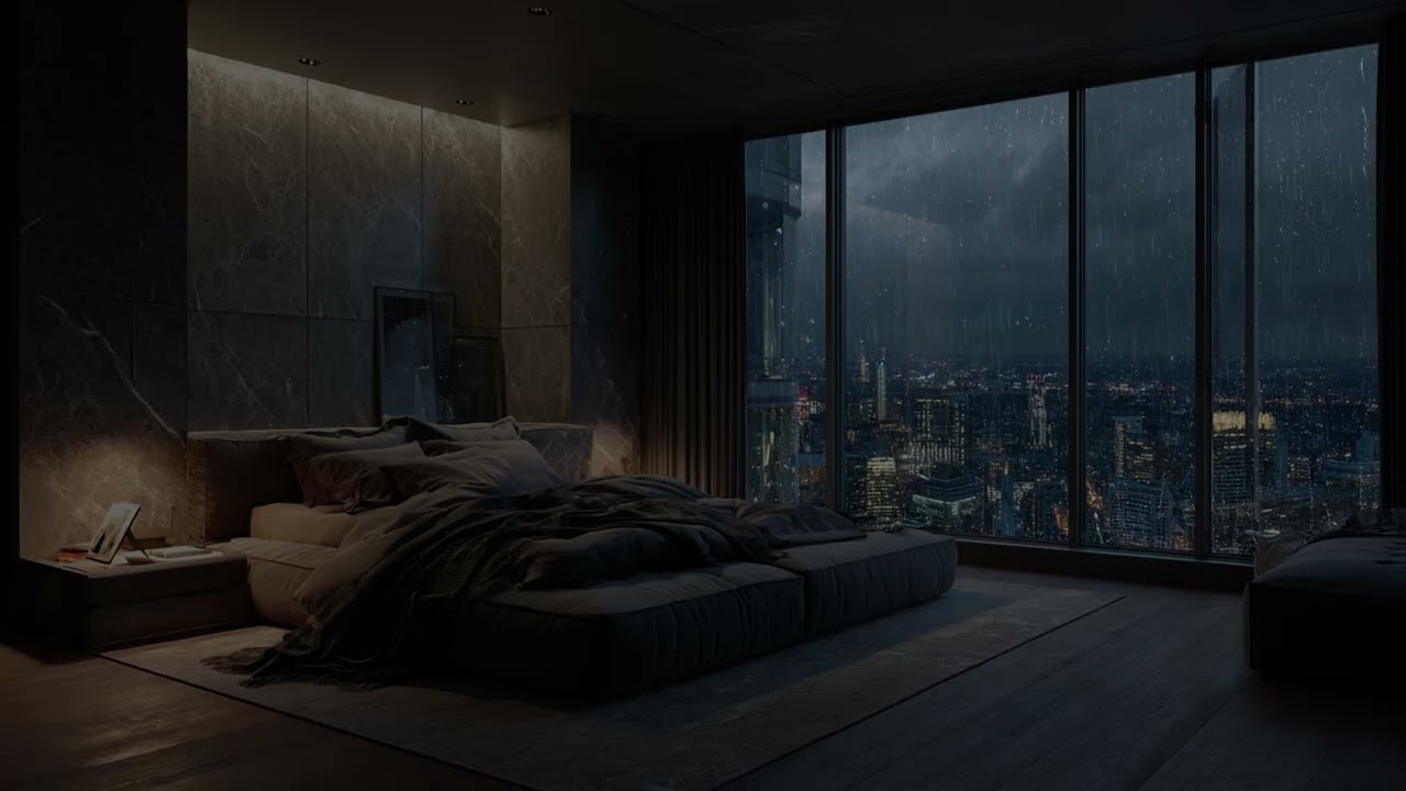 Thunder echoes over the city ⛈️ as raindrops race across the vast window by your bed.
