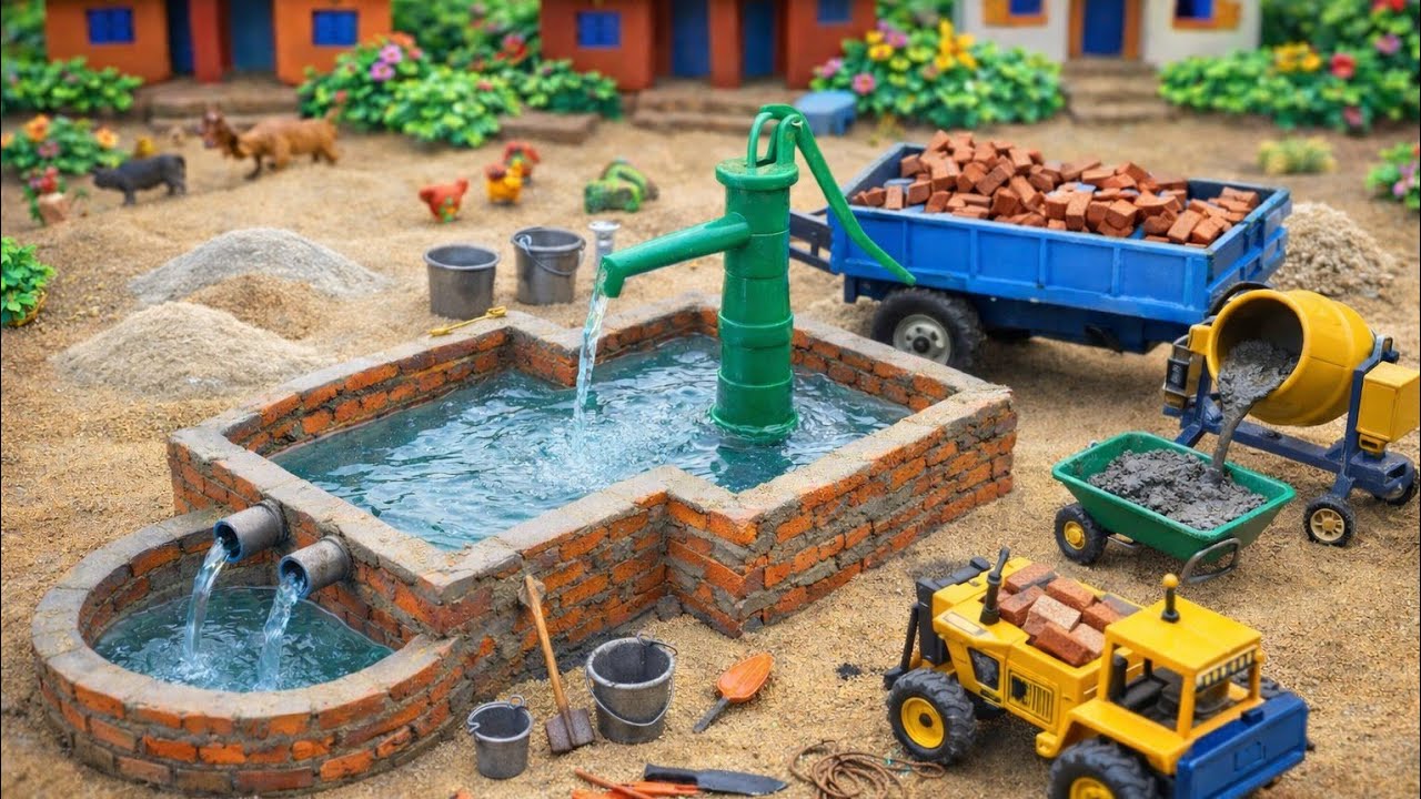 DIY Mini Tractor Builds Hand Pump Construction | Using Bricks | Village Water Supply | @Tinykishan8 