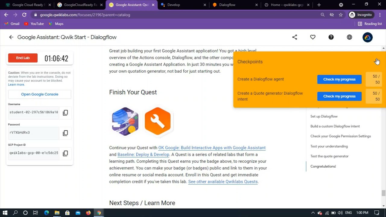 Qwiklab:Google Assistant: Qwik Start - Dialogflow[GSP263]