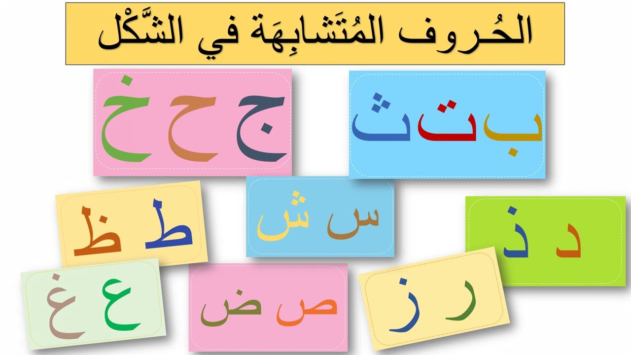 الحروف المتشابهة في الشَّكل - ب ت ث - ج ح خ - د ذ - ر ز - س ش - ص ض - ط ظ - ع غ