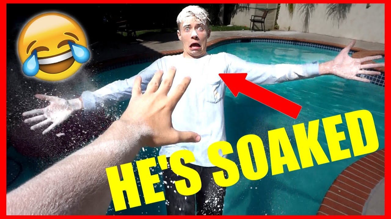 CRAZY FLOUR REVENGE PRANK ON MY ROOMMATE!!! (Pushed him into the pool)