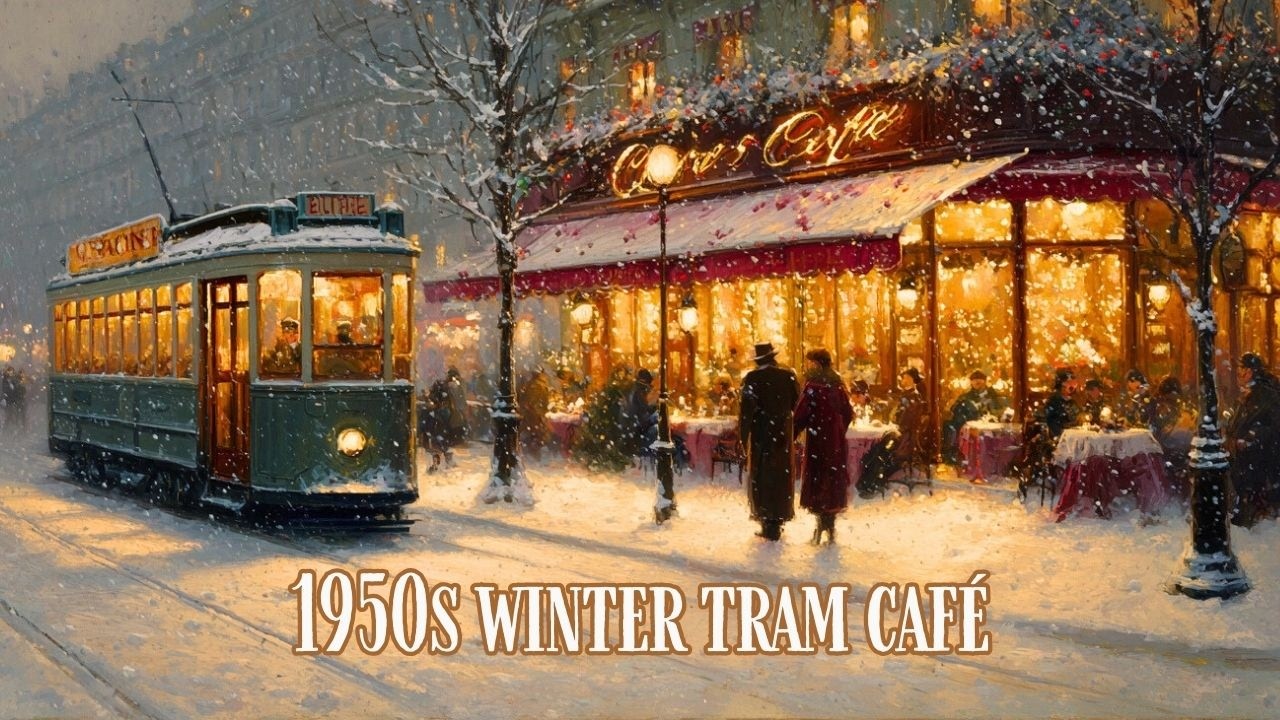 Trip to a 1950s Winter Café by the Riverside Tram | Timeless Vintage Melodies