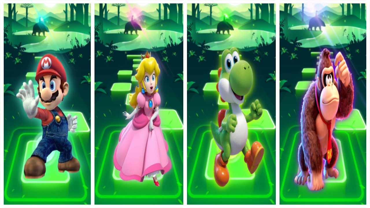 Mario vs Princess Peach vs Yoshi vs Donkey Kong || Perfect Tiles Hop Battle Challenge !