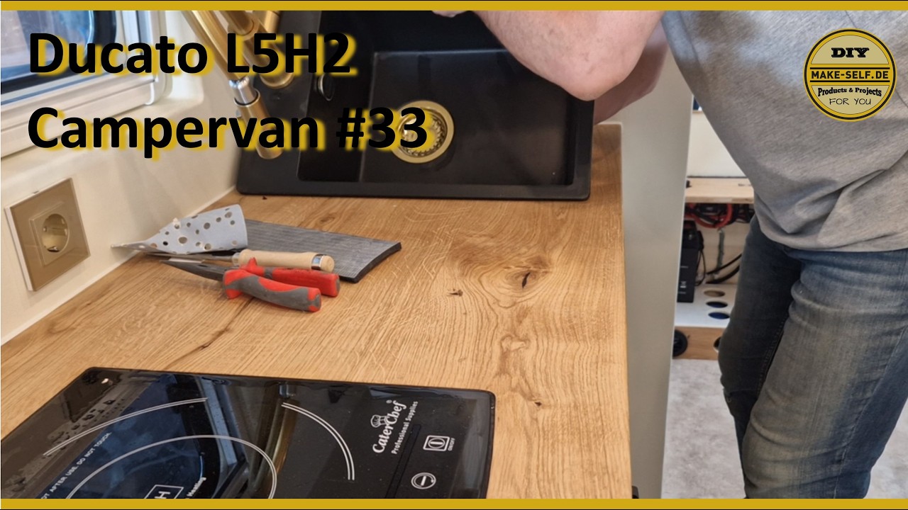 😉#33 I Massive Eichen-Arbeitsplatte mit eingelassenem Induktionskochfeld für den Campervan #DIY
