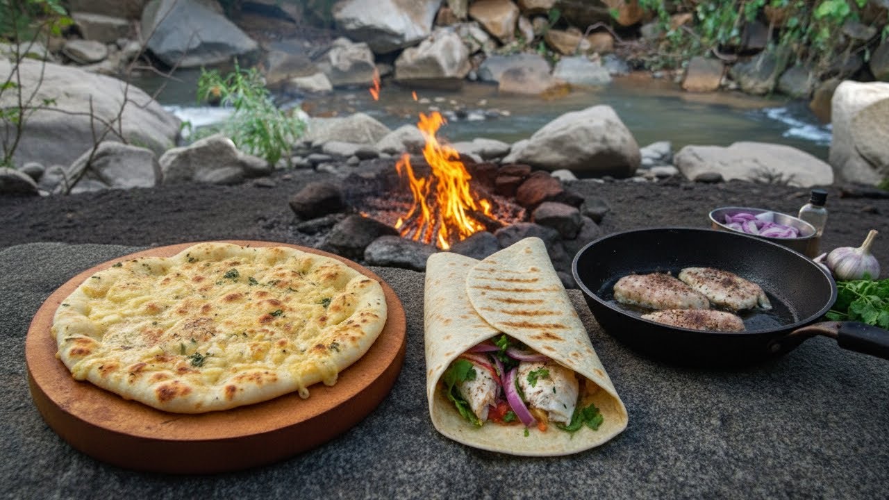 ASMR Outdoor Cooking | Fish Wrap & Cheese Garlic Naan on Fire