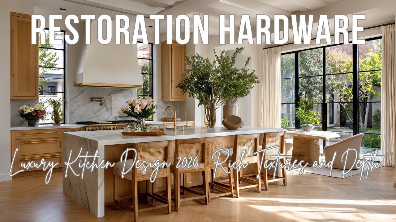 Дизайн роскошной кухни 2026 года от Restoration Hardware: богатая текстура и глубина.
