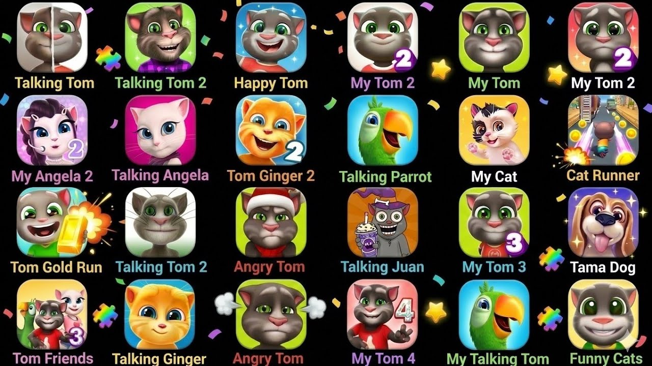 Talking Tom, Ginger, Talking Tom 2, Gold Run, Tom & Friends, Spranky, Ginger, Angela, Ben Outfit 7