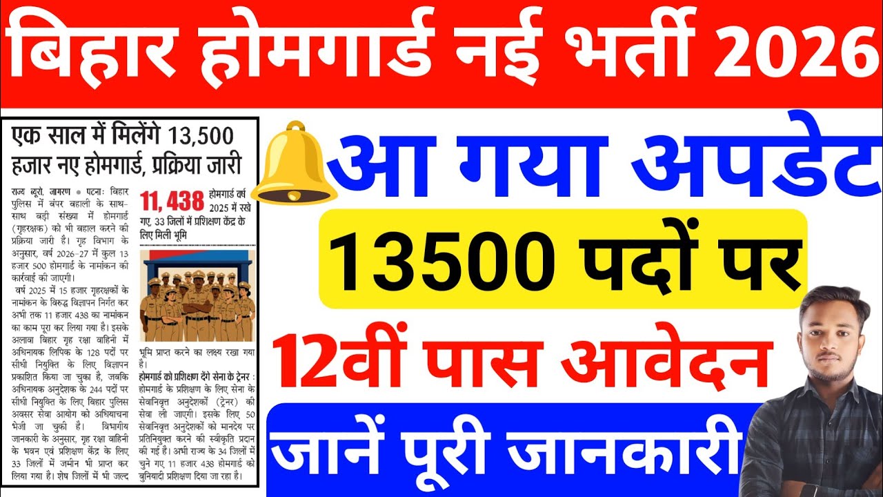 बिहार होमगार्ड नई भर्ती 2026 | 13500 पदोंपर 12वीं पास आवेदन | Bihar Home Guard Recruitment 2026
