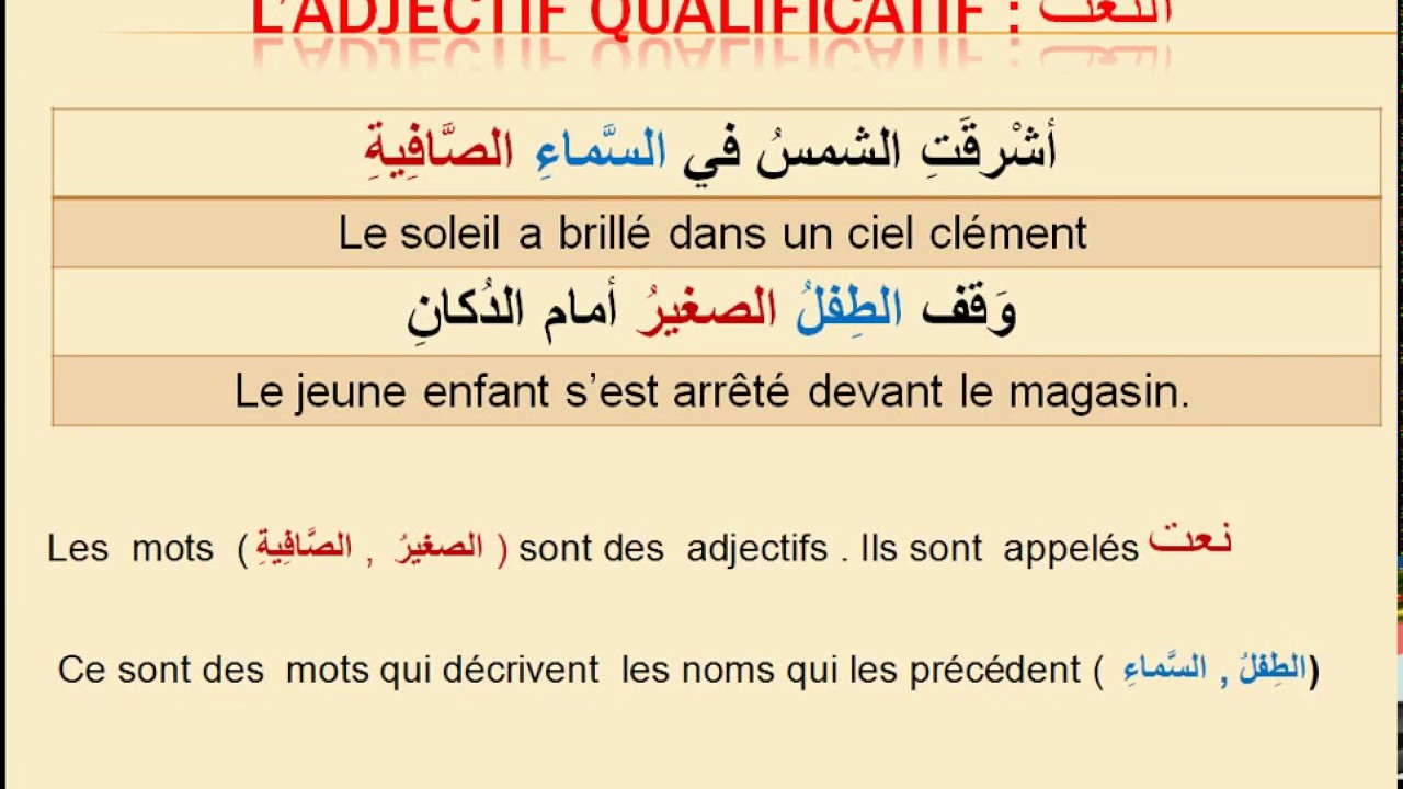 Cours de grammaire arabe n°5 : les appositifs : l'adjectif qualificatif النعت