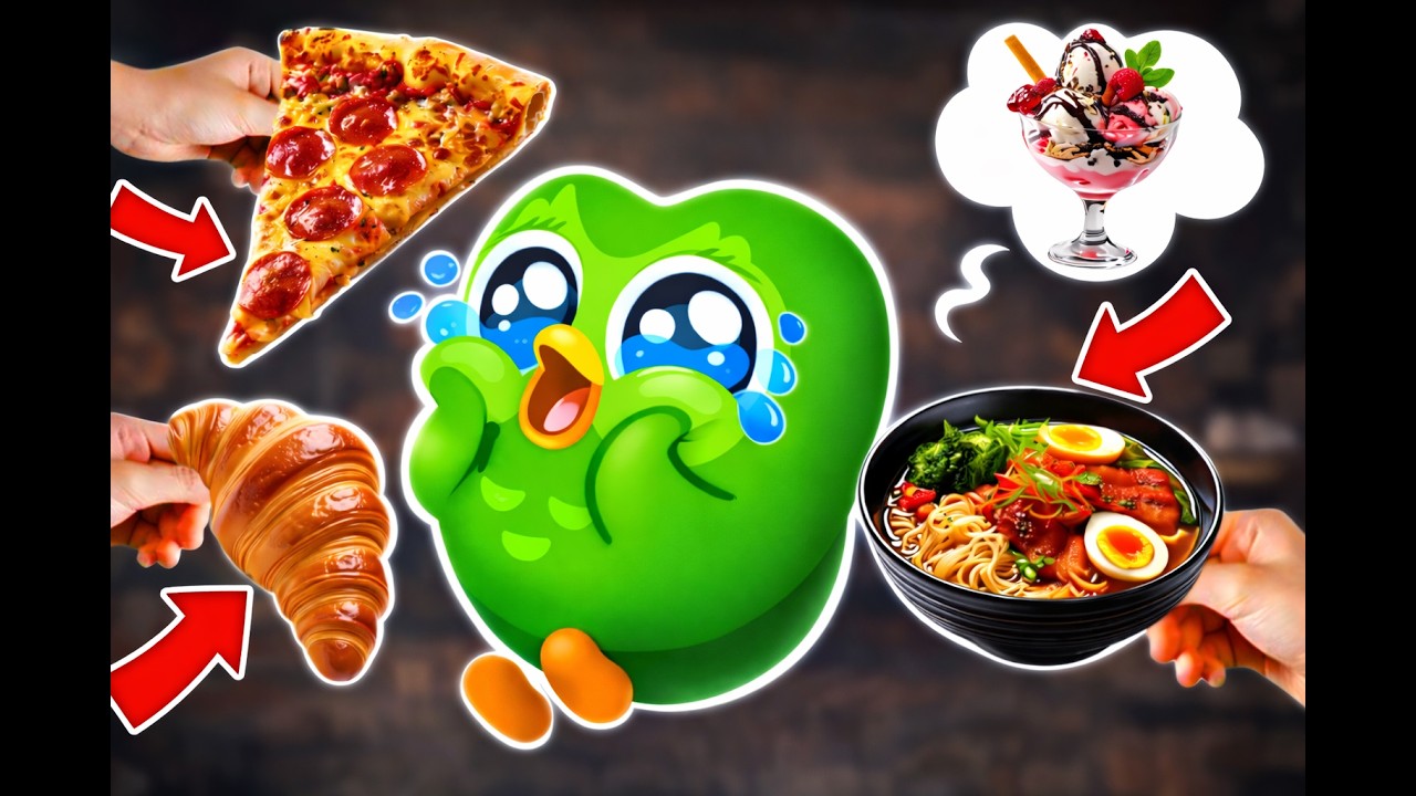 Duolingo Pet Reacts to Delicious Food 🍕😱