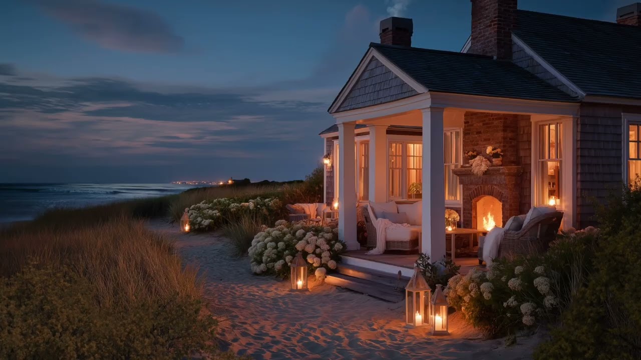 Cozy Oceanfront Porch at Night Fireplace Crackling & Ocean Waves | Beach ASMR for Focus & Relaxation